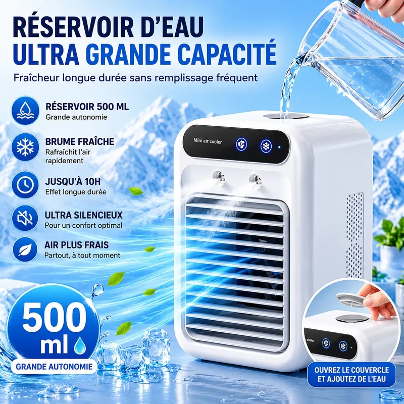 Rafraîchisseur d’Air Portable Rechargeable USB avec Brumisation 500 ml