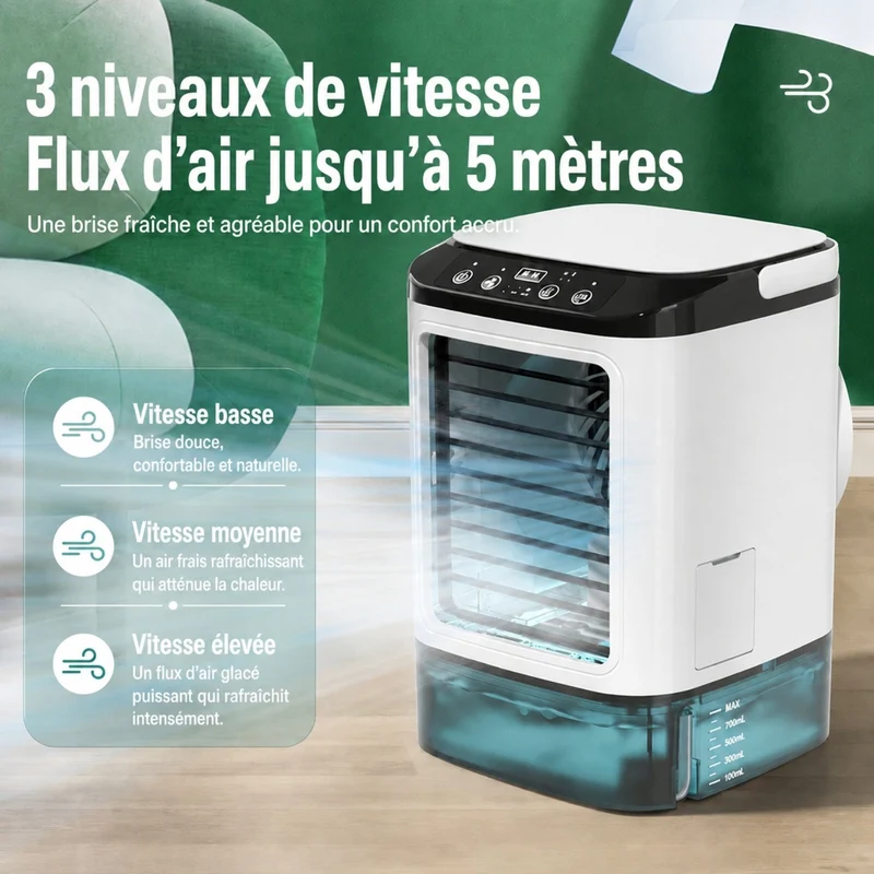 Mini Rafraîchisseur d’Air USB avec Fonction Humidification et 3 Vitesses