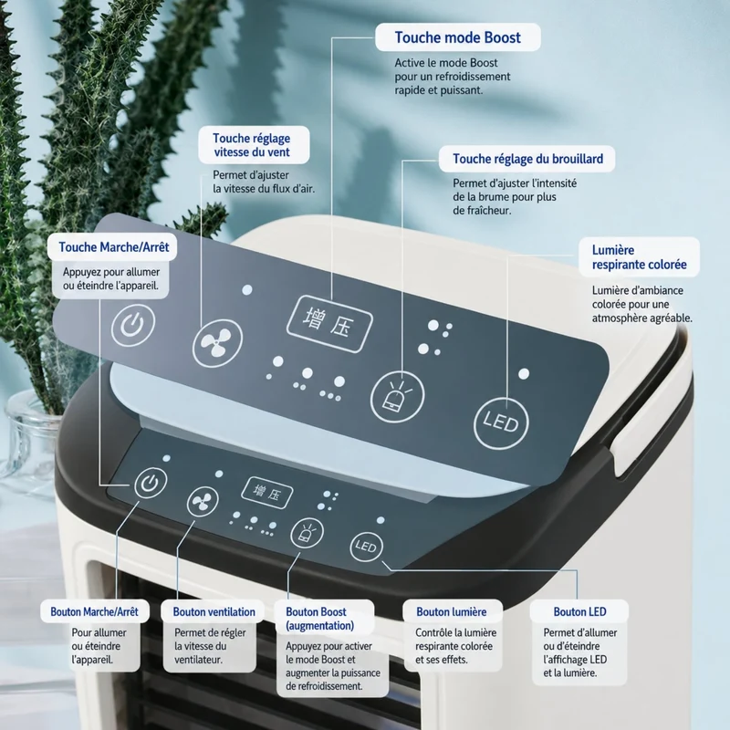 Mini Rafraîchisseur d’Air USB avec Fonction Humidification et 3 Vitesses