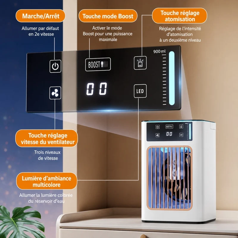 Rafraîchisseur d’Air USB Compact avec Brumisation et 3 Vitesses
