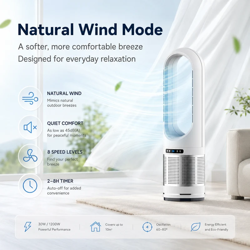 Ventilateur Colonne Sans Pales avec Télécommande et Oscillation
