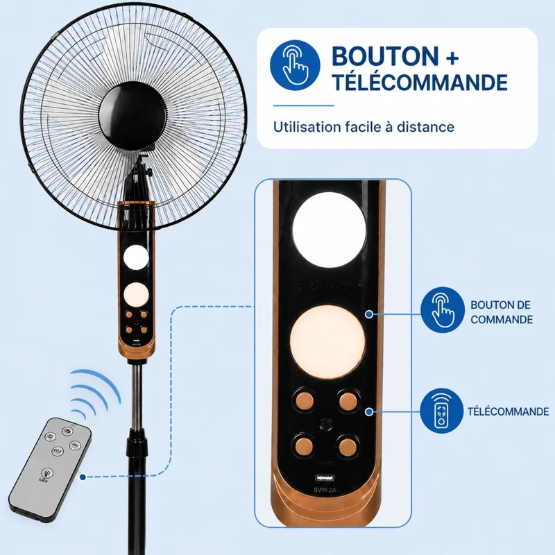 Ventilateur sur Pied avec Télécommande, Oscillation et 3 Vitesses
