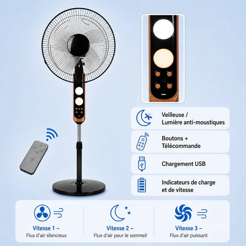 Ventilateur sur Pied avec Télécommande, Oscillation et 3 Vitesses