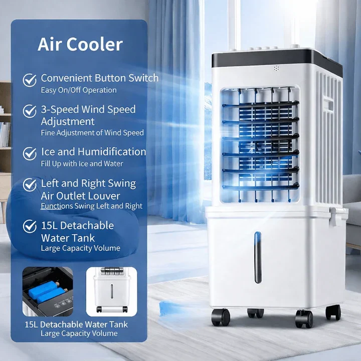 Rafraîchisseur d’Air Portable 3-en-1 avec Télécommande et Roulettes