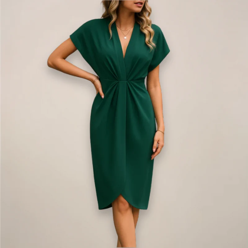 Robe Midi Croisée à Manches Courtes