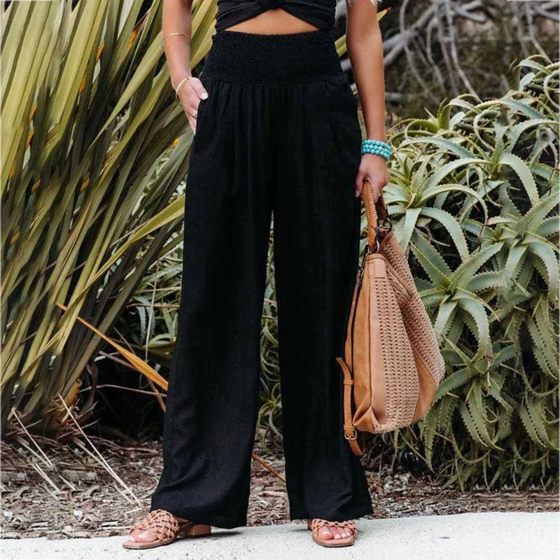 Pantalon femme coupe large taille haute élastique