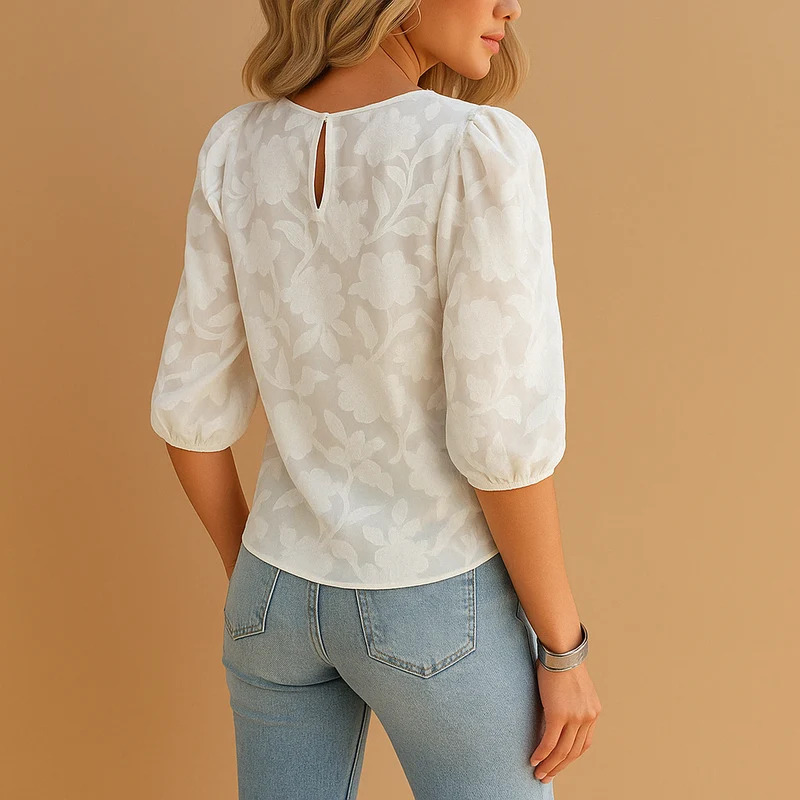 Haut femme col rond manches bouffantes floral