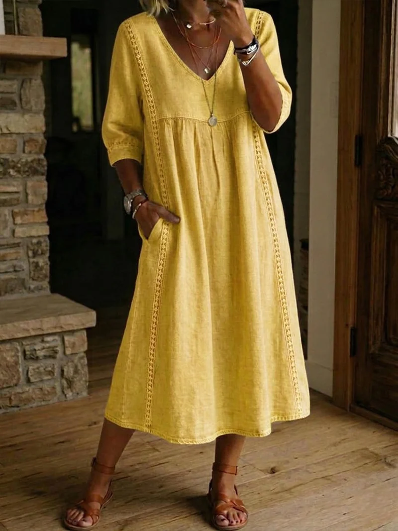 Robe mi-longue femme col V coupe ample quotidienne