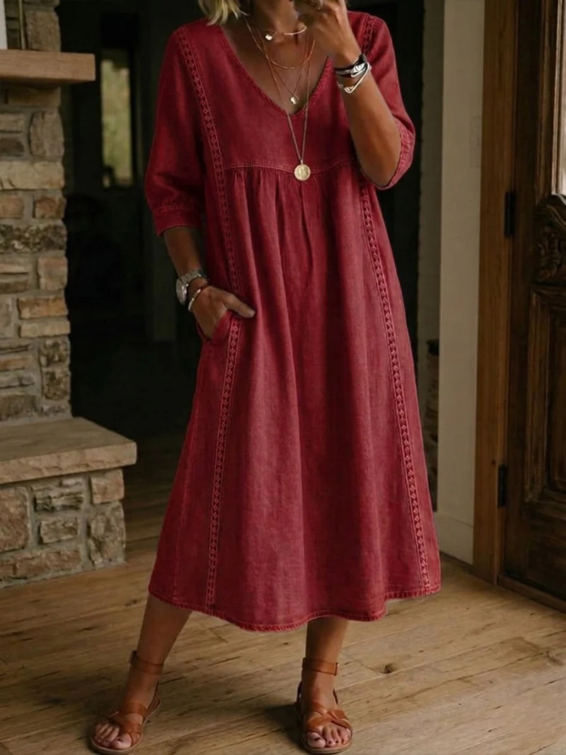 Robe mi-longue femme col V coupe ample quotidienne
