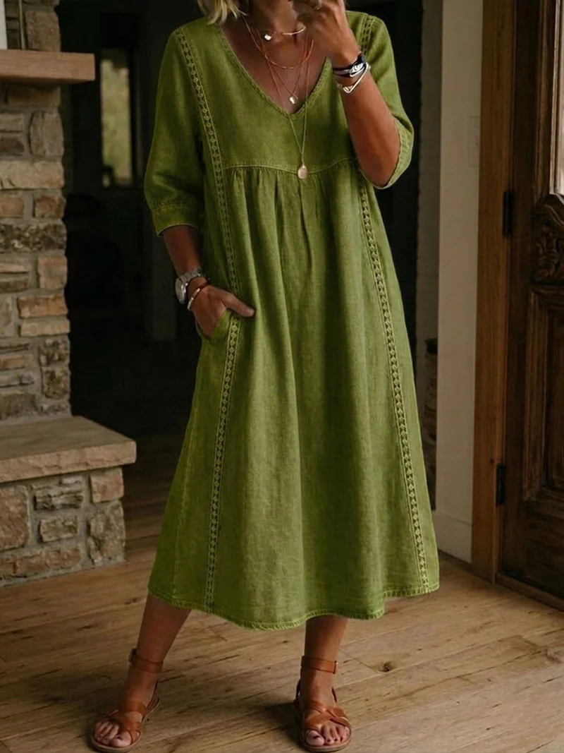 Robe mi-longue femme col V coupe ample quotidienne