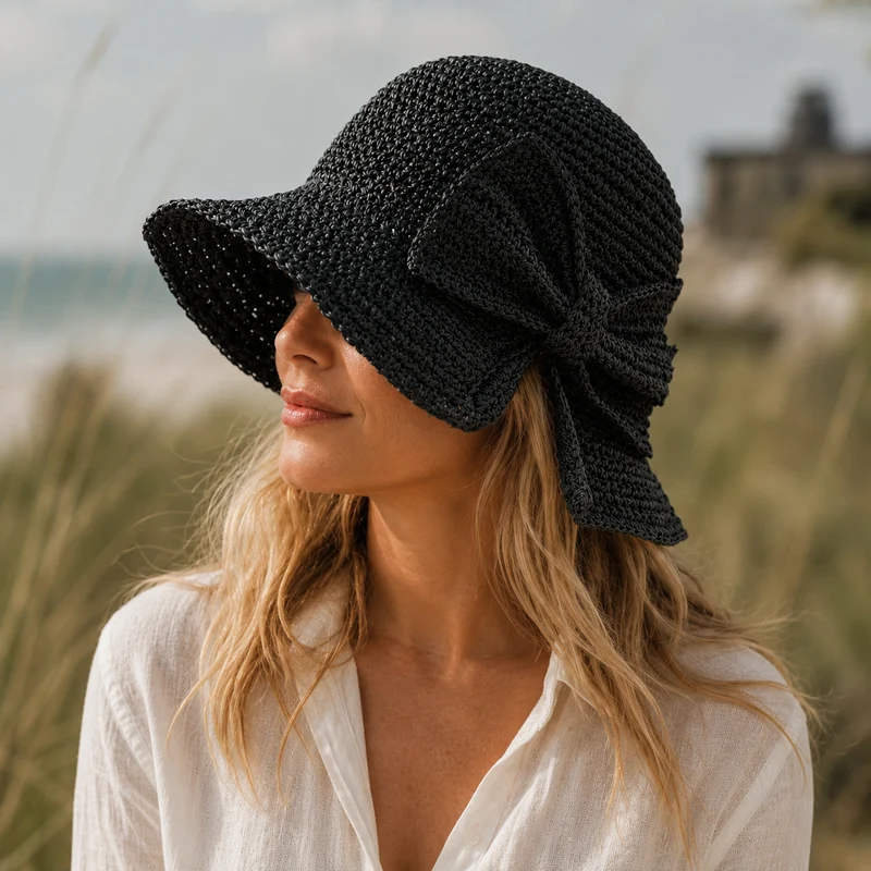 Chapeau de soleil bucket hat pour femme - grand nœud souple - voyage mode
