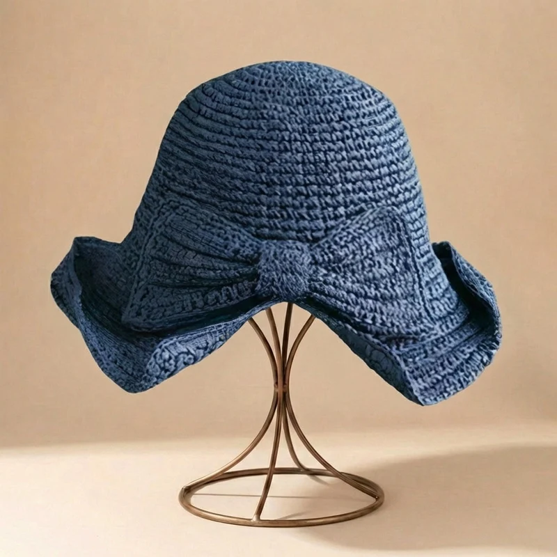 Chapeau de paille à grand bord femme - ruban avec nœud - accessoire voyage soleil
