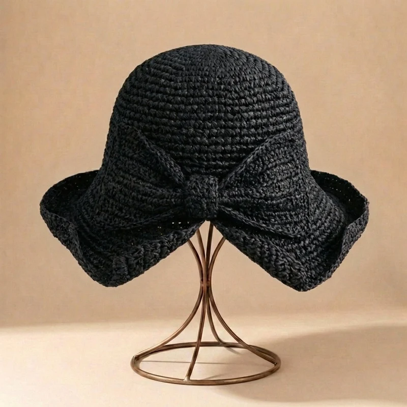 Chapeau de paille à grand bord femme - ruban avec nœud - accessoire voyage soleil