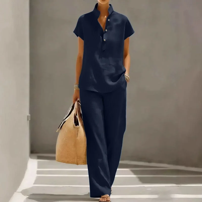 Ensemble deux pièces pour femme - mélange de lin - pantalon fluide voyage