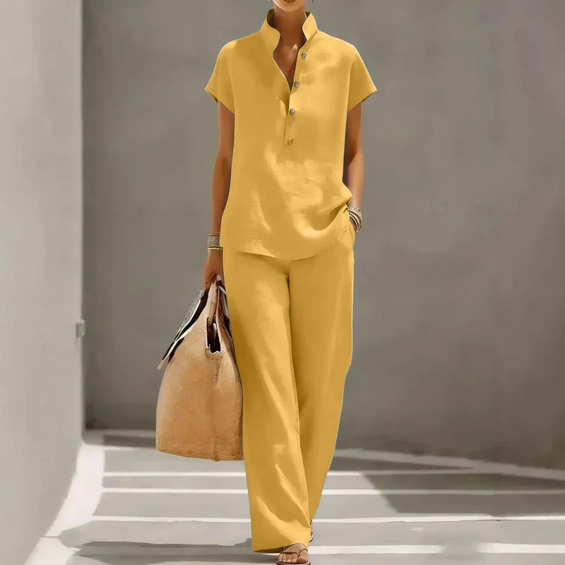 Ensemble deux pièces pour femme - mélange de lin - pantalon fluide voyage