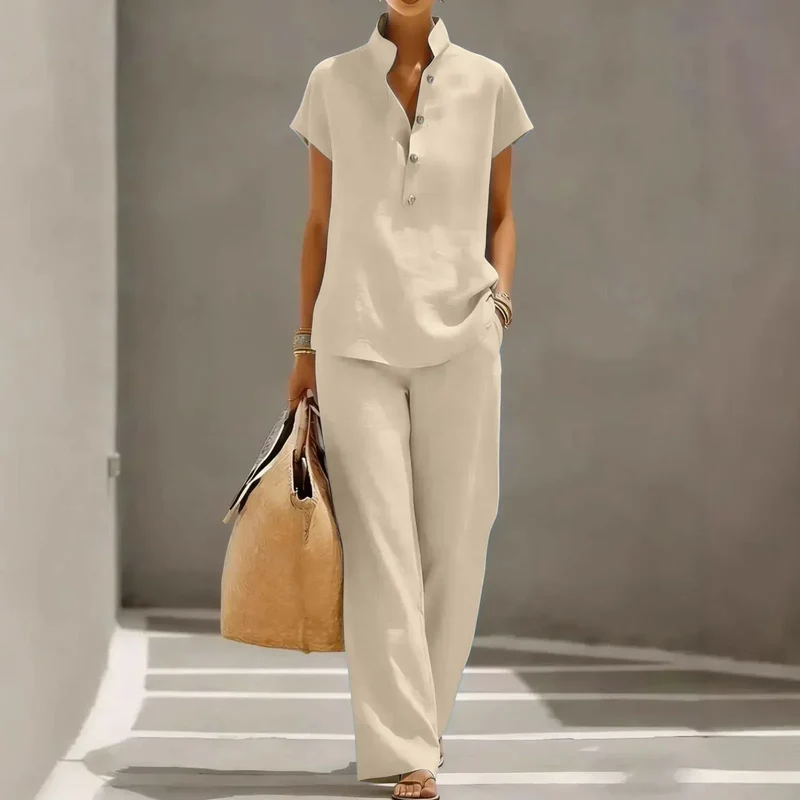 Ensemble deux pièces pour femme - mélange de lin - pantalon fluide voyage