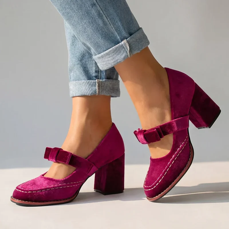 Mocassins en velours avec talon bloc pour femme élégante