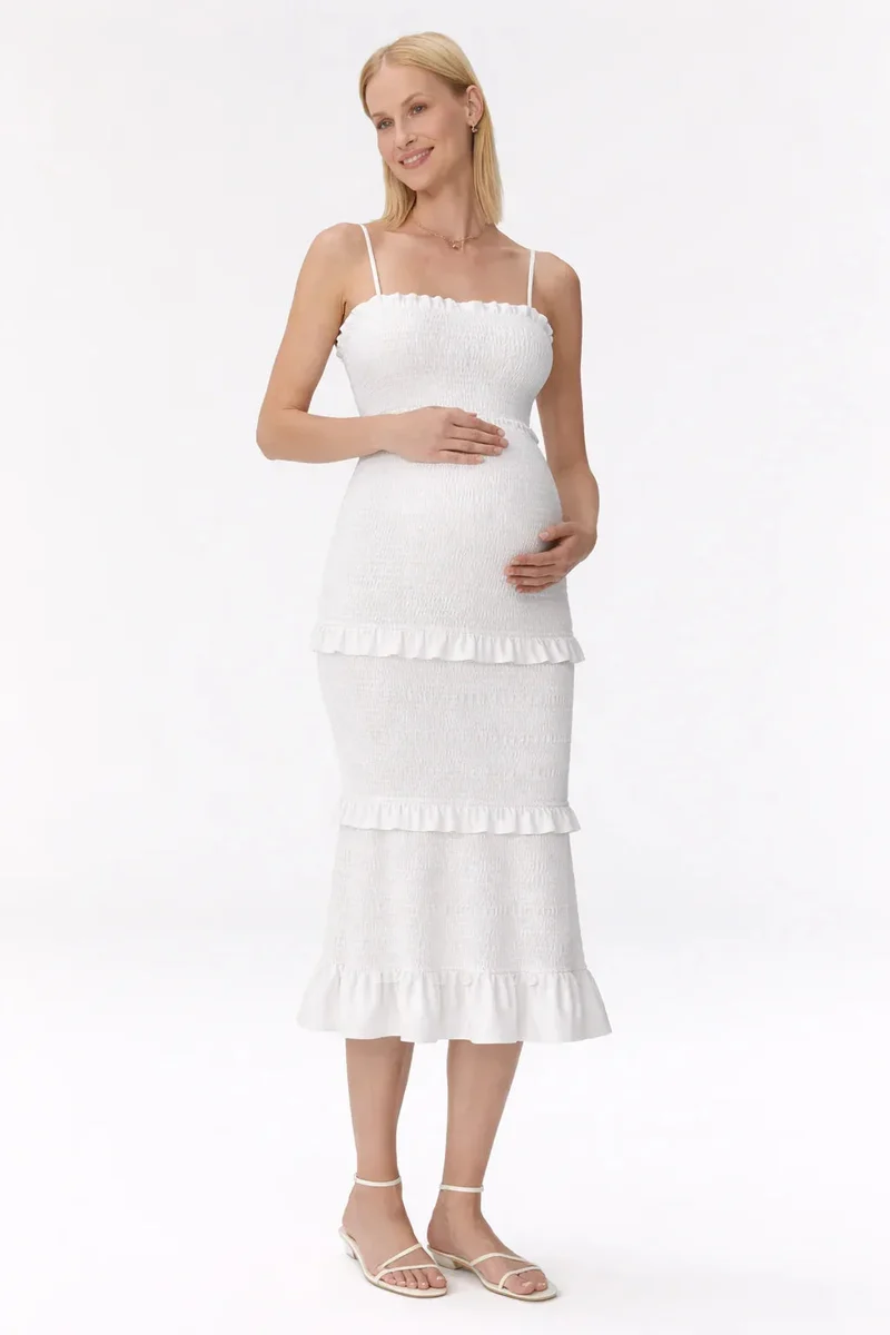 Robe maternité midi smockée à volants