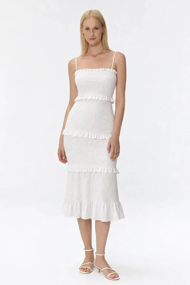 Robe maternité midi smockée à volants
