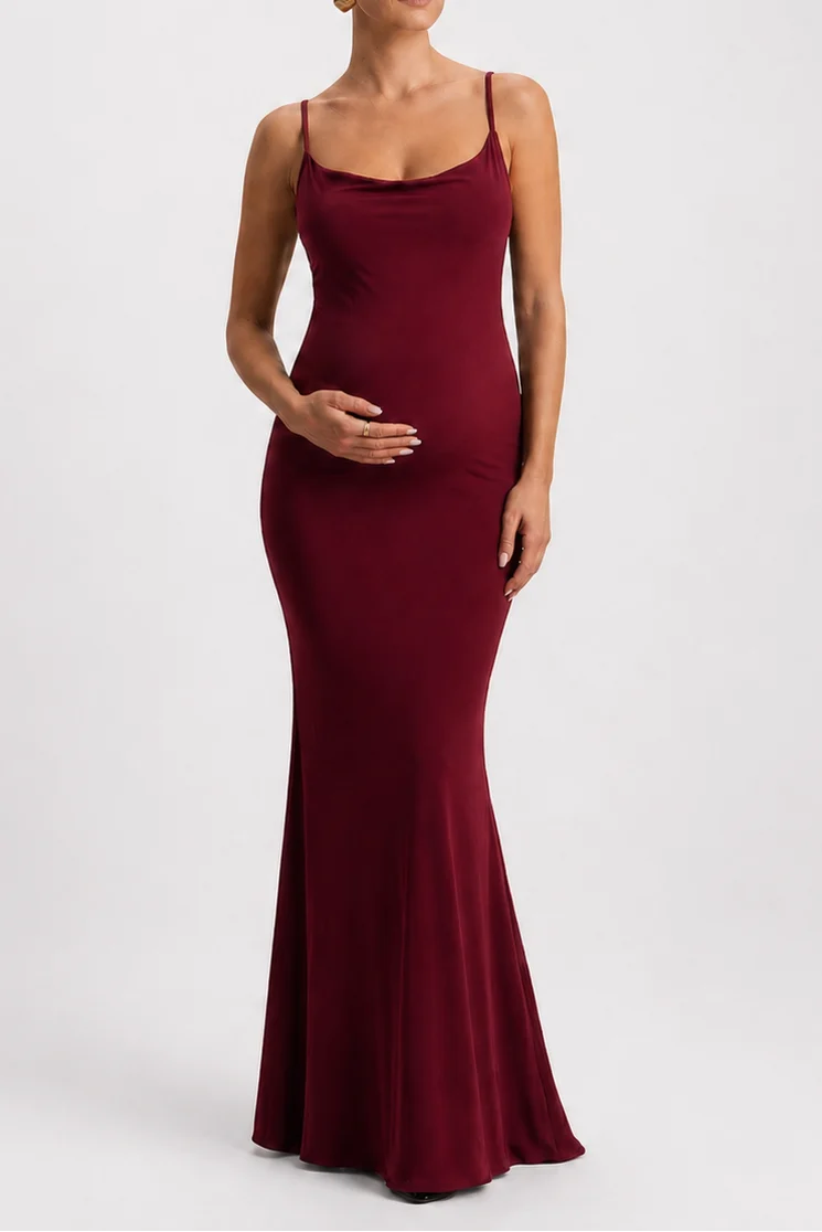 Robe longue maternité dos nu col bénitier chic