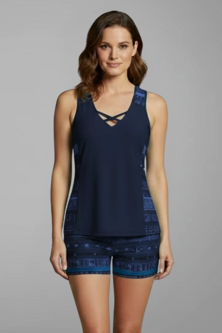 Maillot de bain deux pièces pour femme — tankini col V à imprimé géométrique