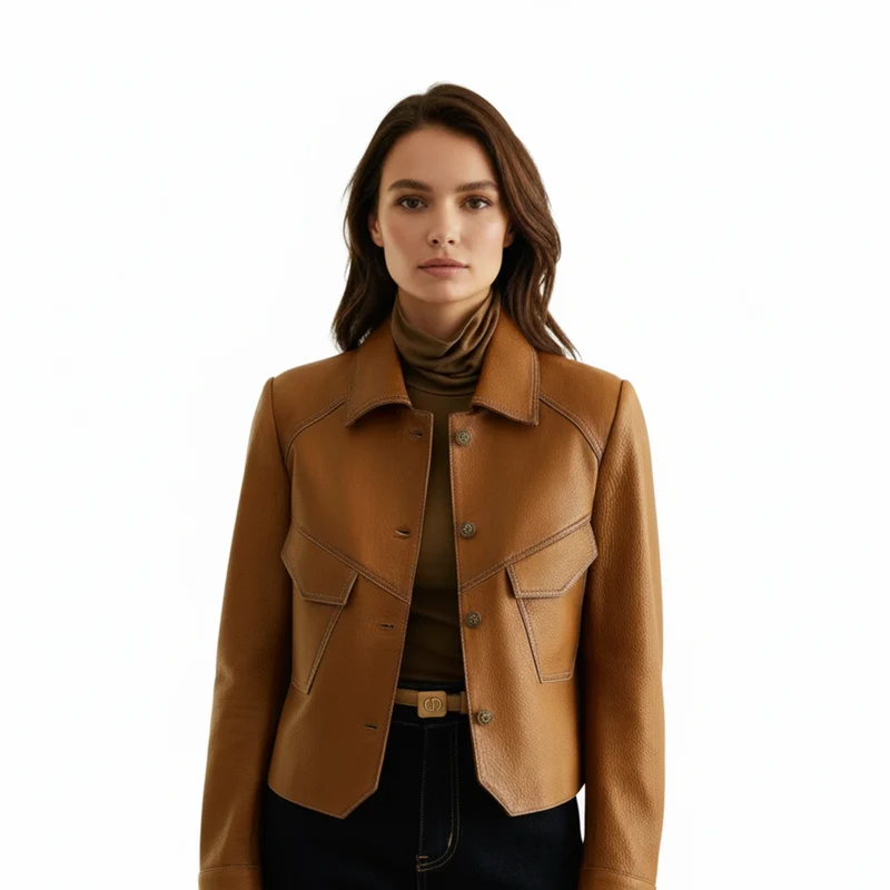 Veste en Cuir pour Femme avec Boutons et Taille Cintrée Coupe Classique