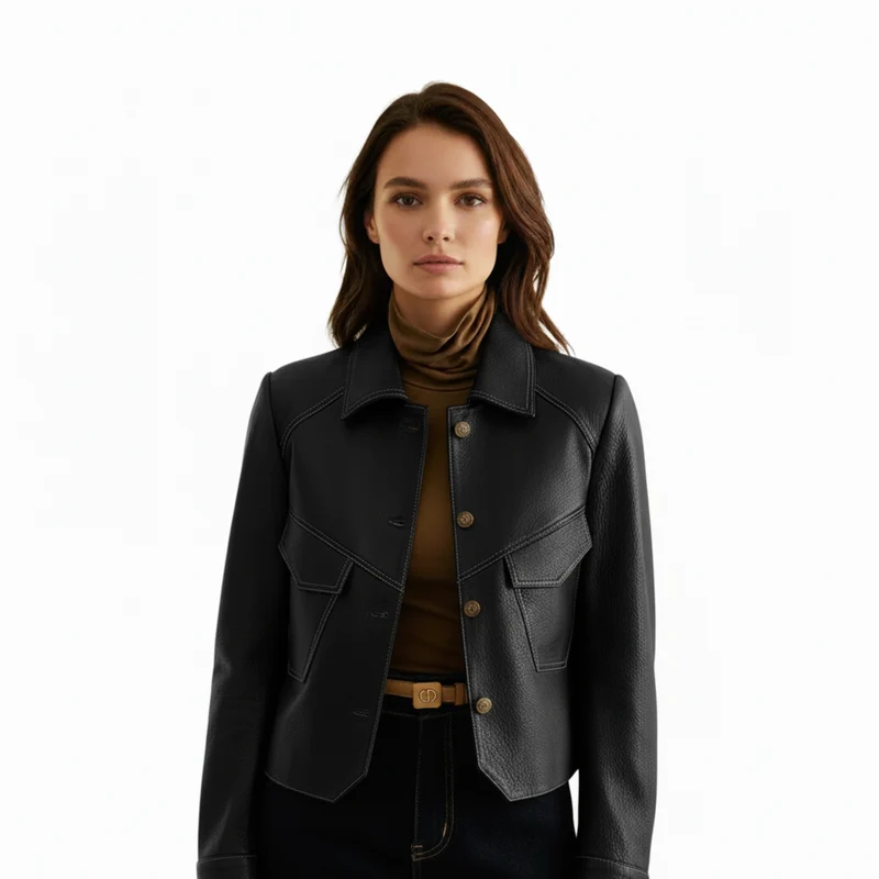 Veste en Cuir pour Femme avec Boutons et Taille Cintrée Coupe Classique