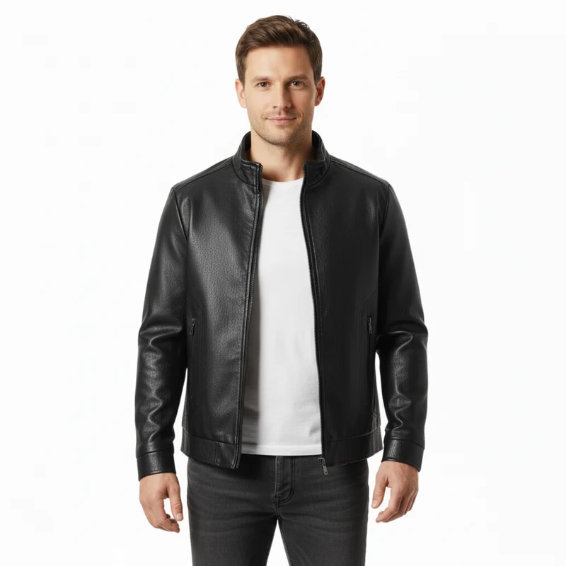 Veste en Cuir Italien pour Homme avec Fermeture Éclair et Poignets Nervurés
