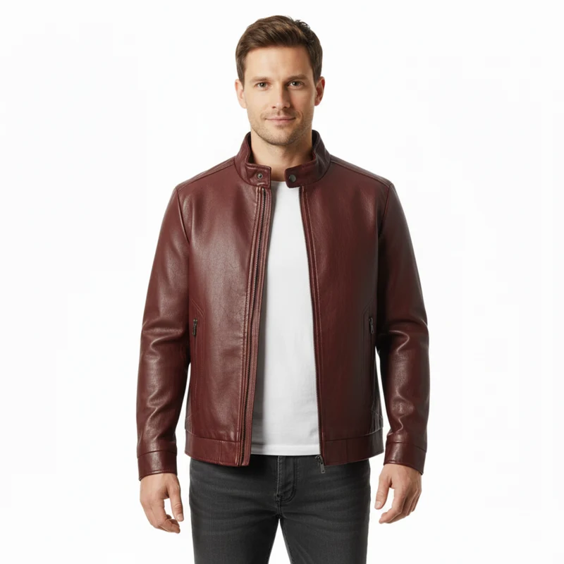 Veste en Cuir Italien pour Homme avec Fermeture Éclair et Poignets Nervurés