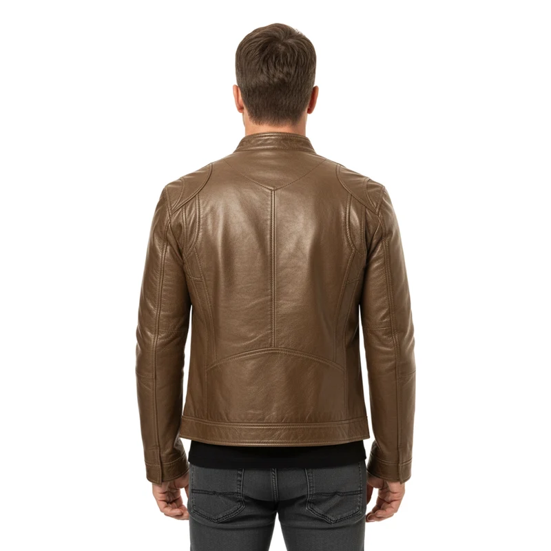 Veste en Cuir pour Homme avec Col Officier et Poches Zippées Coupe Ajustée