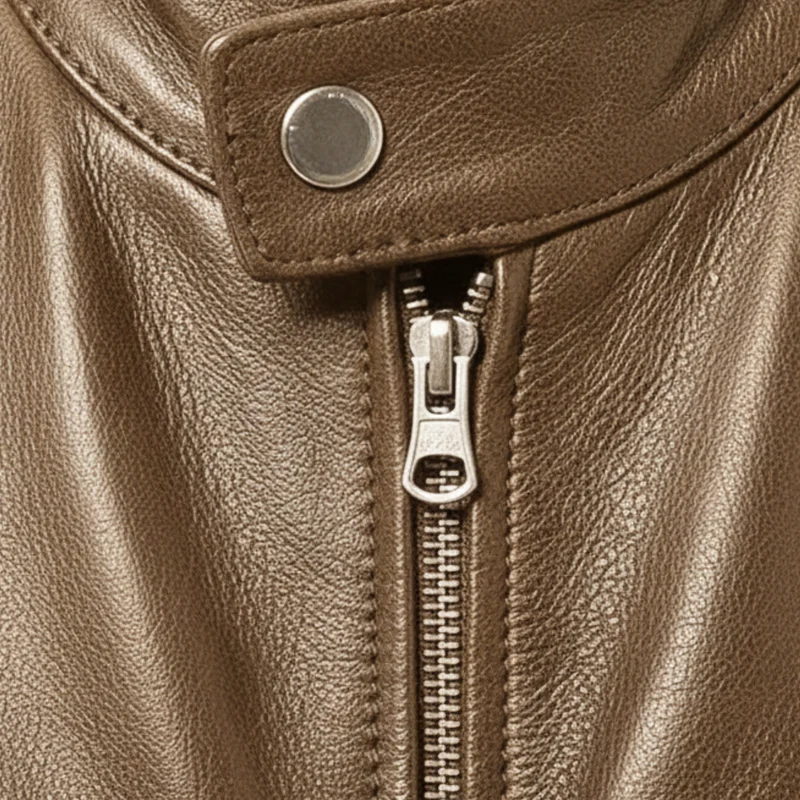 Veste en Cuir pour Homme avec Col Officier et Poches Zippées Coupe Ajustée
