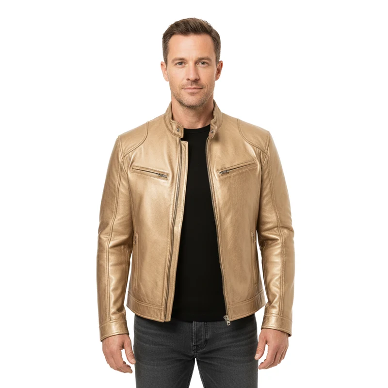 Veste en Cuir pour Homme avec Col Officier et Poches Zippées Coupe Ajustée