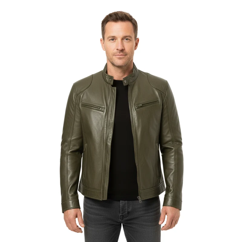 Veste en Cuir pour Homme avec Col Officier et Poches Zippées Coupe Ajustée