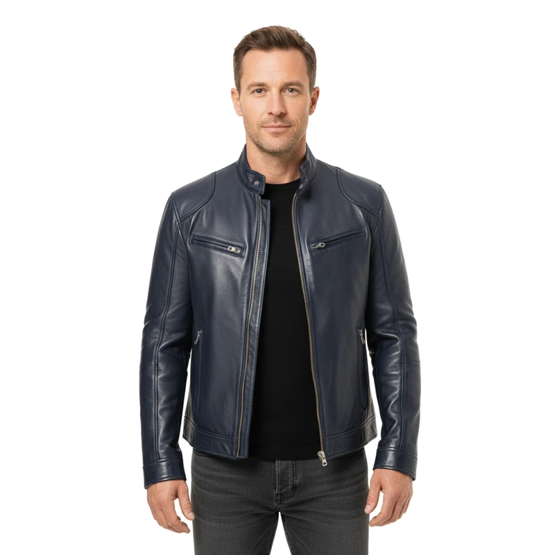 Veste en Cuir pour Homme avec Col Officier et Poches Zippées Coupe Ajustée