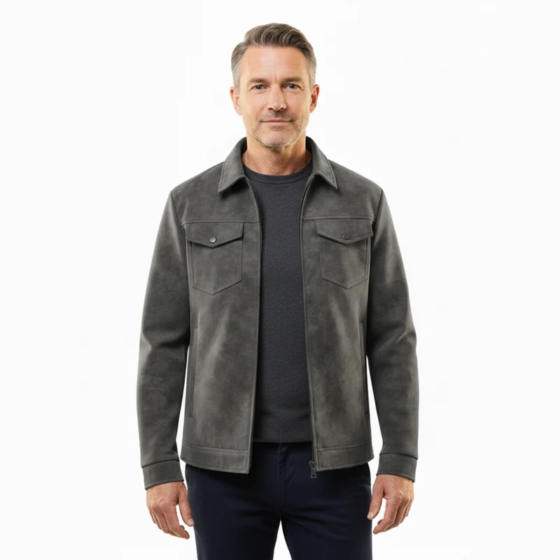 Veste en Cuir Rétro pour Homme avec Fermeture Éclair et Multiples Poches