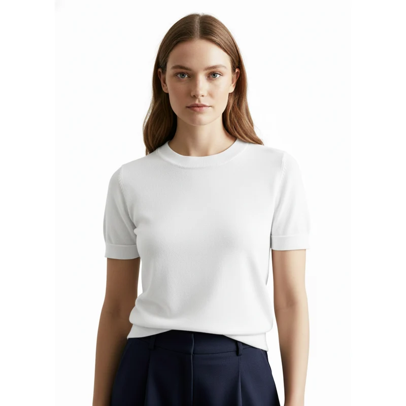 T-shirt en Maille Fine pour Femme à Col Rond et Manches Courtes Ajustées