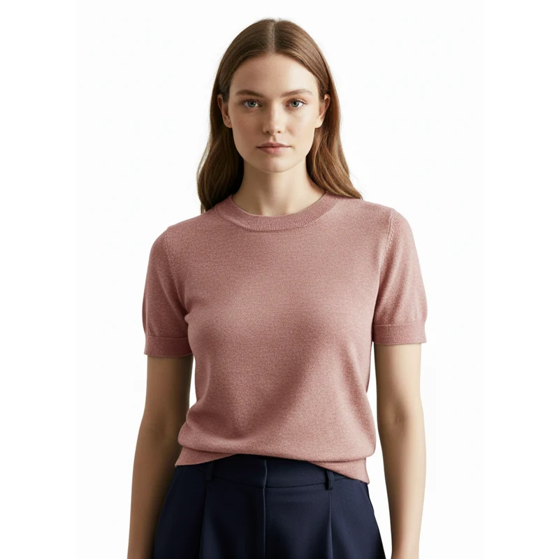 T-shirt en Maille Fine pour Femme à Col Rond et Manches Courtes Ajustées