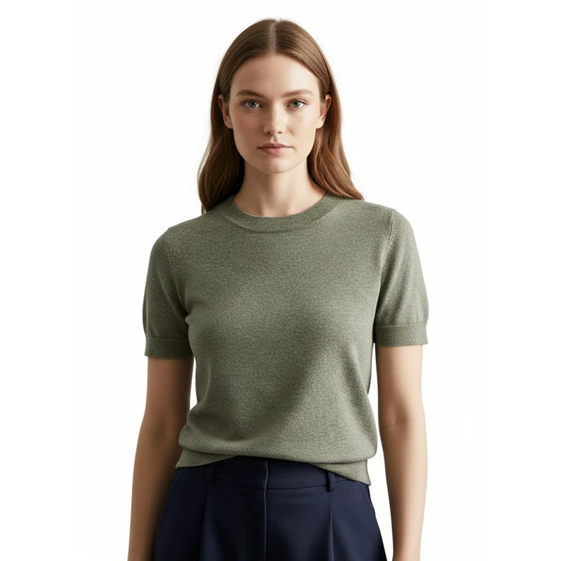 T-shirt en Maille Fine pour Femme à Col Rond et Manches Courtes Ajustées