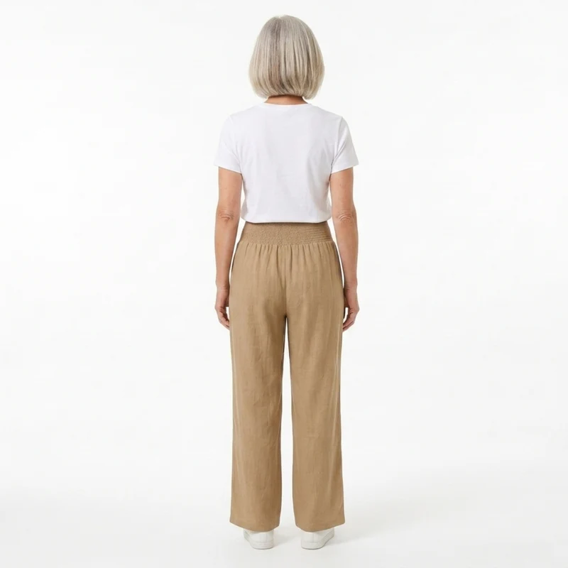 Pantalon femme mélange lin et coton — taille élastique coupe droite | quotidien