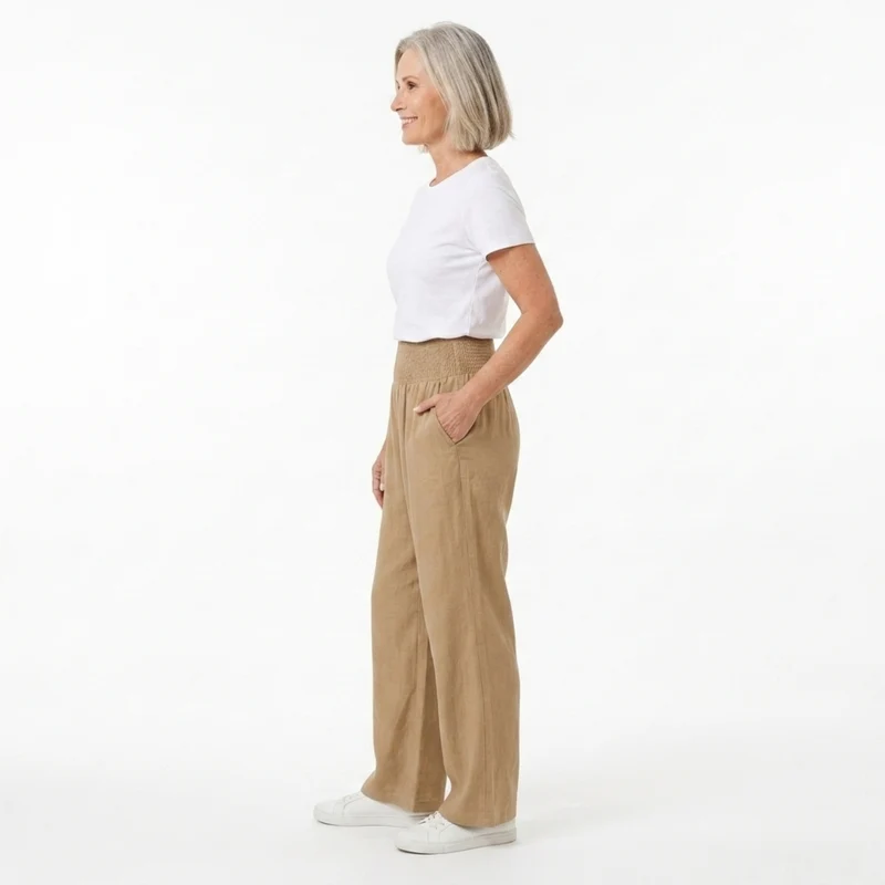 Pantalon femme mélange lin et coton — taille élastique coupe droite | quotidien