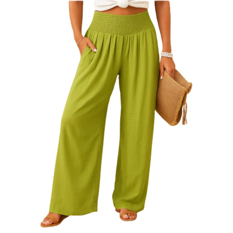Pantalon femme mélange lin et coton — taille élastique coupe droite | quotidien