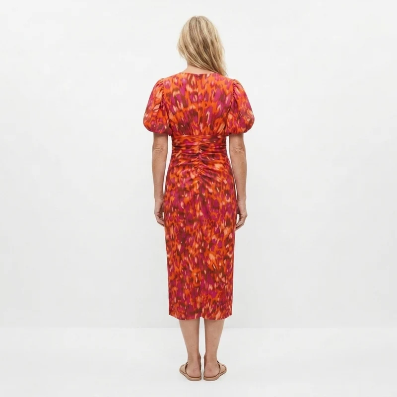 Robe longue imprimée — col en v et manches volume — fête