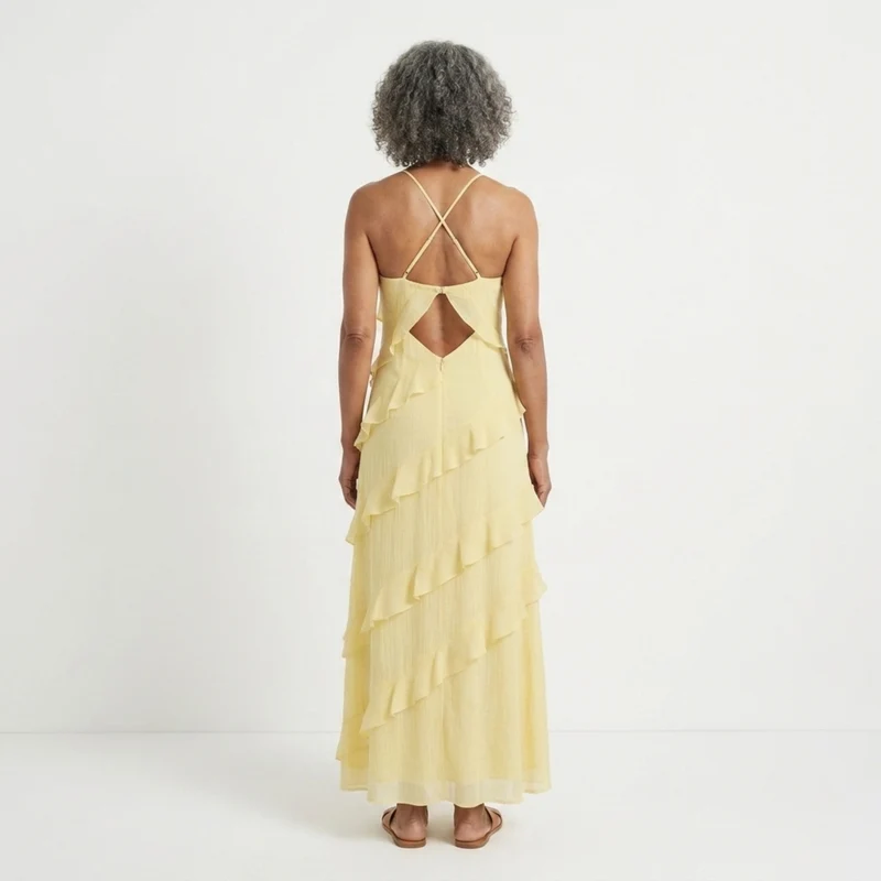 Robe longue à étages femme — col licou V pour soirée et fête — vacances