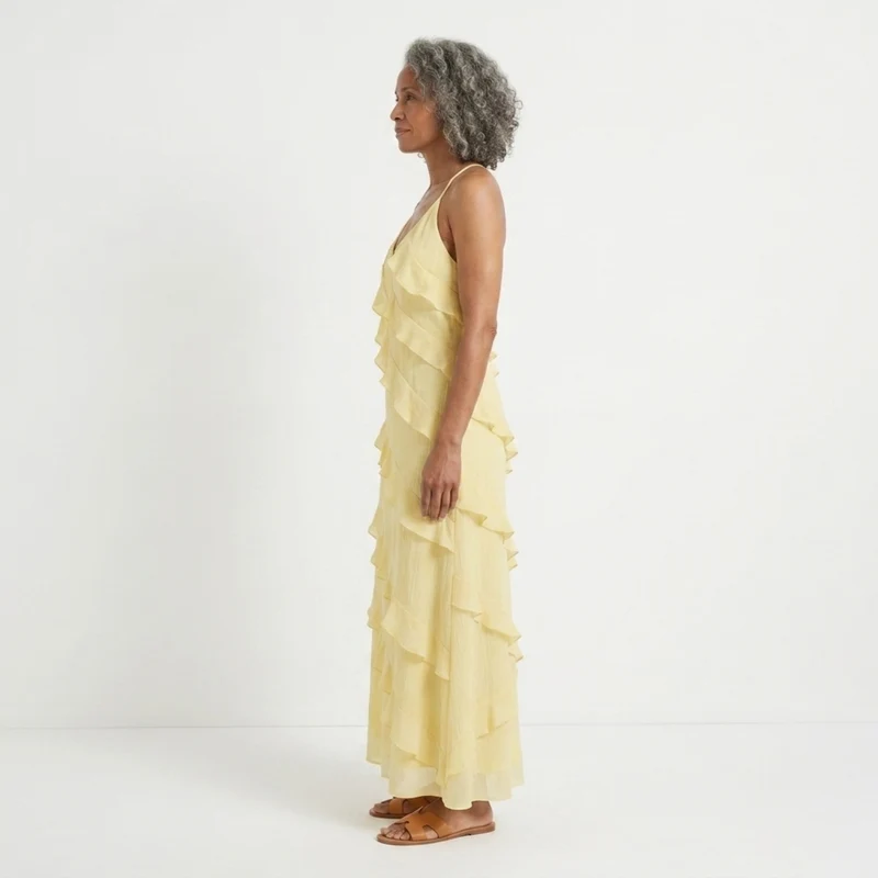 Robe longue à étages femme — col licou V pour soirée et fête — vacances