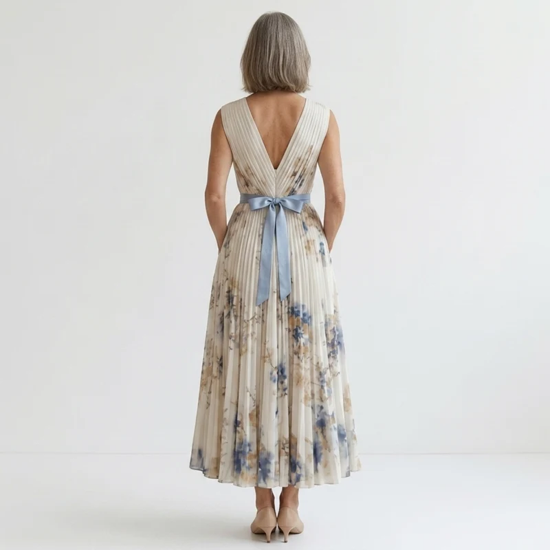 Robe fleurie mi-longue — col v et jupe à plis avec poches — vacances