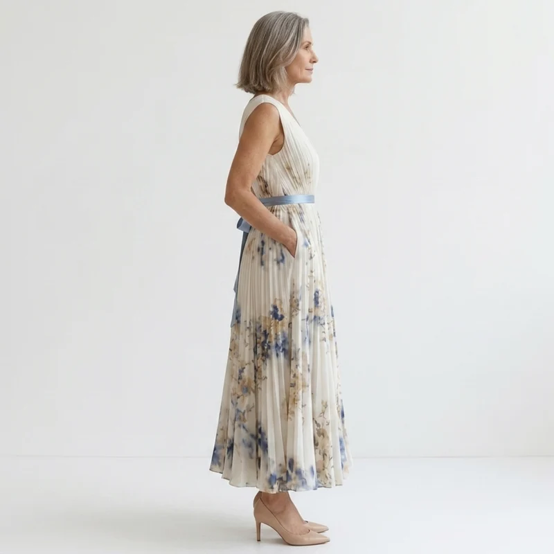 Robe fleurie mi-longue — col v et jupe à plis avec poches — vacances