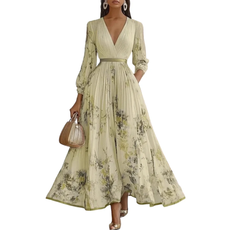 Robe fleurie mi-longue — col v et jupe à plis avec poches — vacances