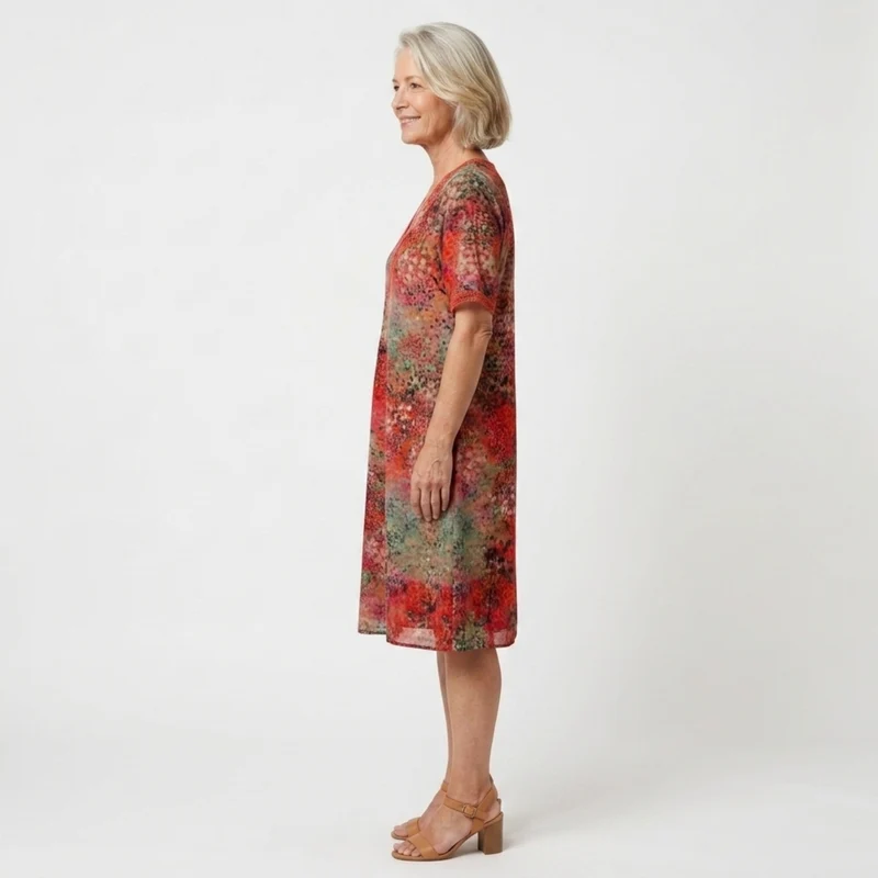 Robe évasée mi-longue femme — motif imprimé et col V — loisirs