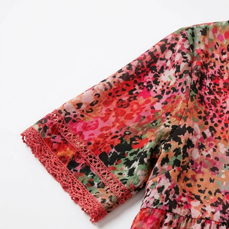 Robe évasée mi-longue femme — motif imprimé et col V — loisirs