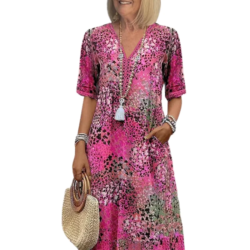 Robe évasée mi-longue femme — motif imprimé et col V — loisirs